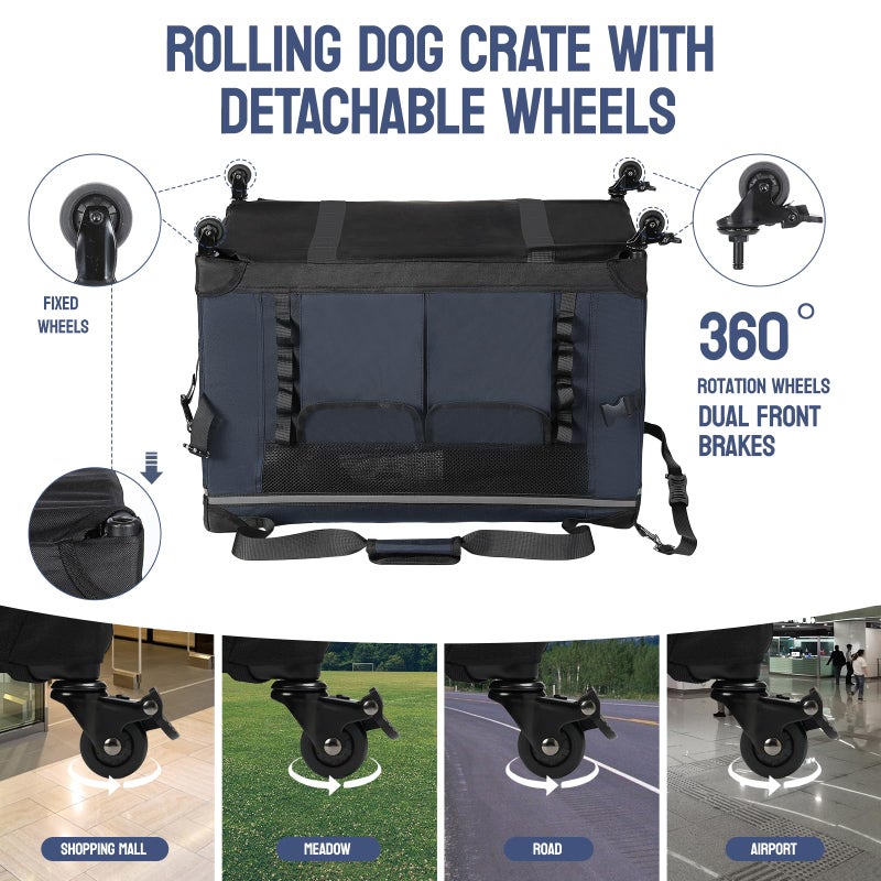 PEGIC 30IN Soft Collapsible Dog Crate w Detachable Wheels, Rolling Travel Dog Crate for Medium Breed Dogs, Portable Dog Kennel with Mesh Windows, Indoor & Outdoor Uses - Image 2