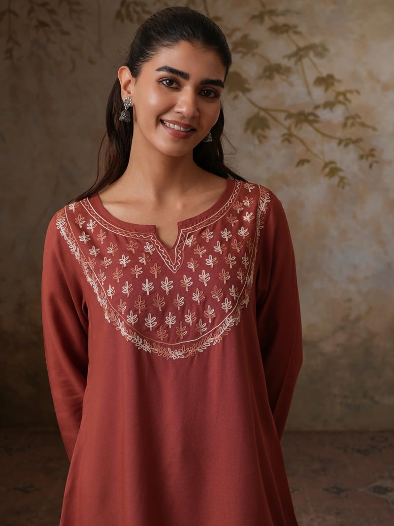 QAZMI Women's Azra Kashmiri A-Line Full Sleeves Viscose Rayon Short Kurti_L Brown - Image 3