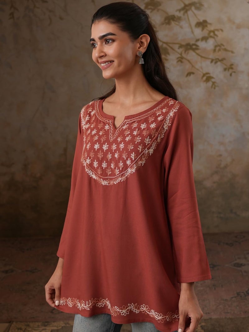 QAZMI Women's Azra Kashmiri A-Line Full Sleeves Viscose Rayon Short Kurti_L Brown - Image 2