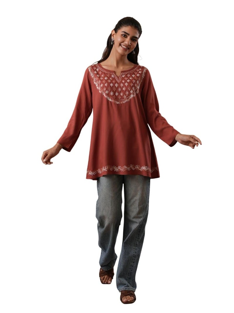 QAZMI Women's Azra Kashmiri A-Line Full Sleeves Viscose Rayon Short Kurti_L Brown - Image 1