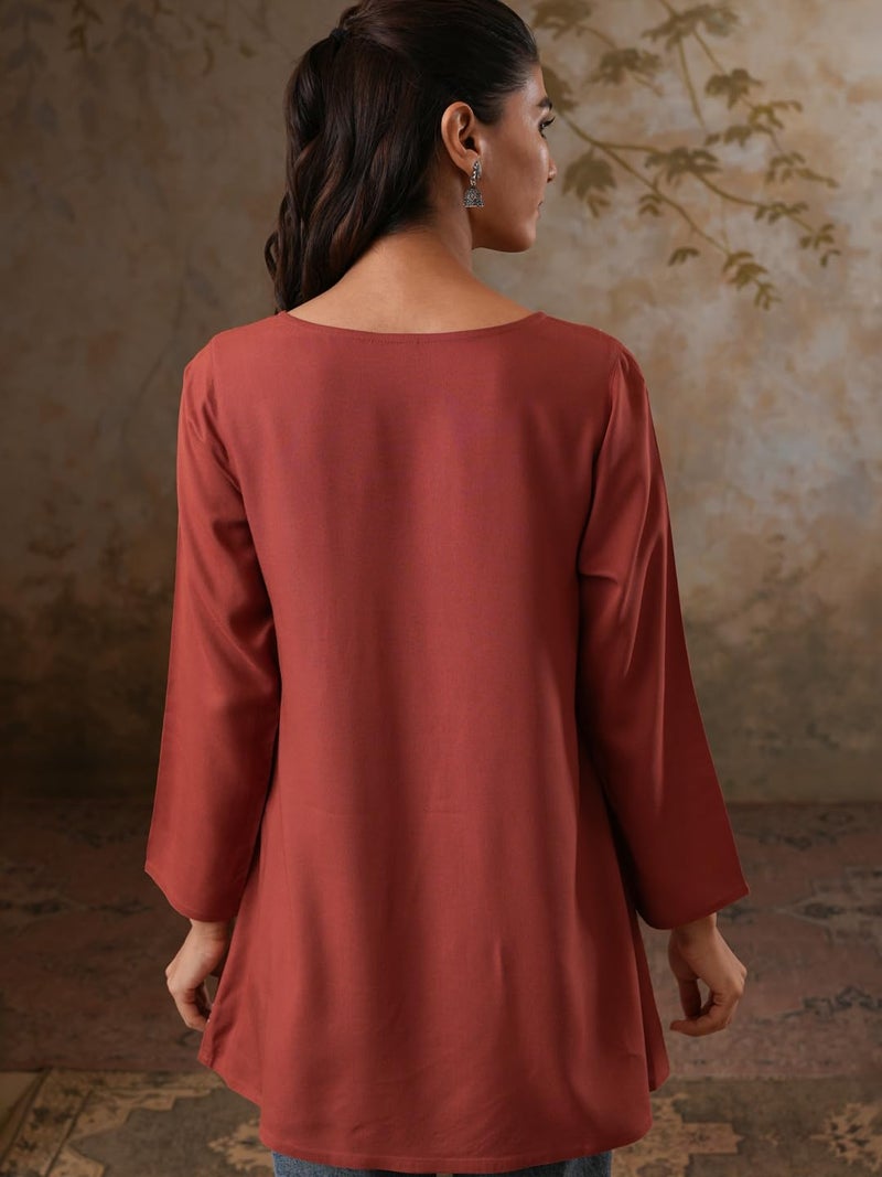 QAZMI Women's Azra Kashmiri A-Line Full Sleeves Viscose Rayon Short Kurti_L Brown - Image 5