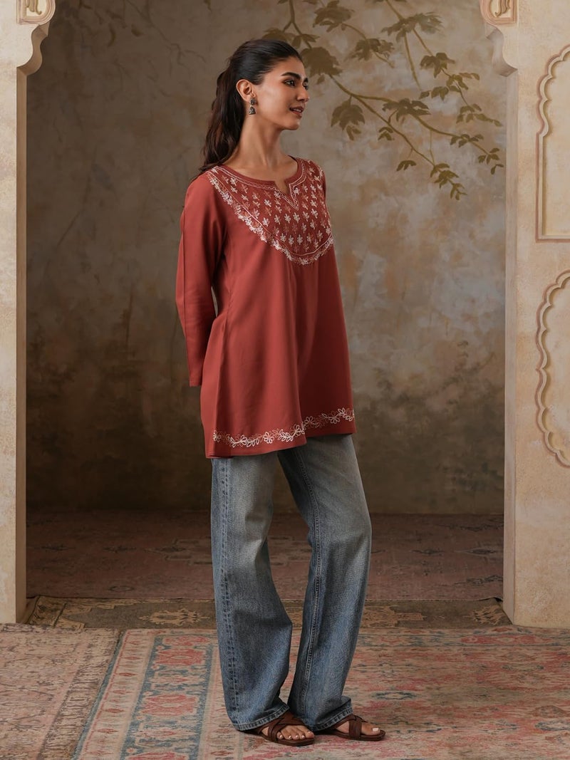 QAZMI Women's Azra Kashmiri A-Line Full Sleeves Viscose Rayon Short Kurti_L Brown - Image 4