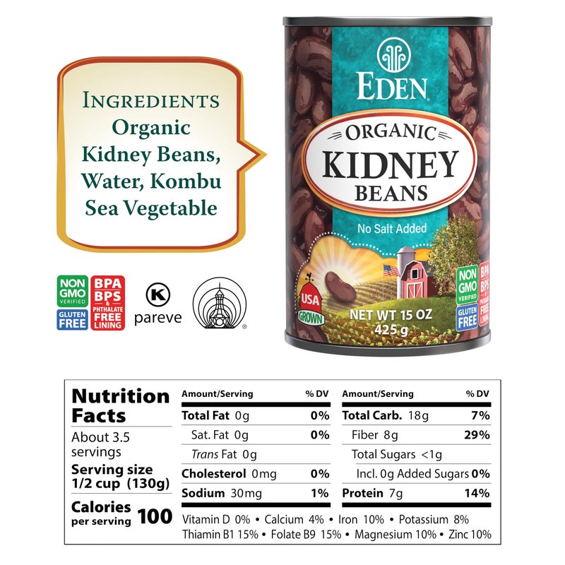 Eden Organic Red Kidney Beans, 15 oz Can, No Salt Added, Non-GMO, U.S. Grown, Heat and Serve, Macrobiotic, Red Beans (12-Pack) - Image 2