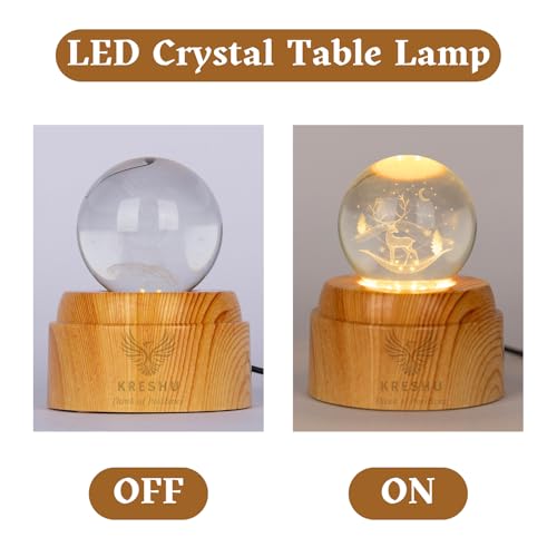 KRESHU Deer 3D Crystal Rotating Glass Ball Dimmable Warm LED Light Wooden Stand Luminous USB Cable Decoration Night Lights for Art Home Decoration Birthday Gift (Pack of 1) - Image 4