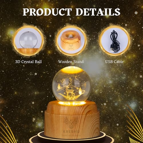 KRESHU Deer 3D Crystal Rotating Glass Ball Dimmable Warm LED Light Wooden Stand Luminous USB Cable Decoration Night Lights for Art Home Decoration Birthday Gift (Pack of 1) - Image 5