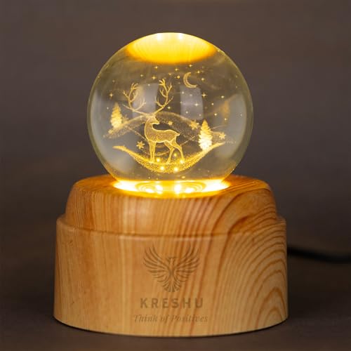 KRESHU Deer 3D Crystal Rotating Glass Ball Dimmable Warm LED Light Wooden Stand Luminous USB Cable Decoration Night Lights for Art Home Decoration Birthday Gift (Pack of 1) - Image 2