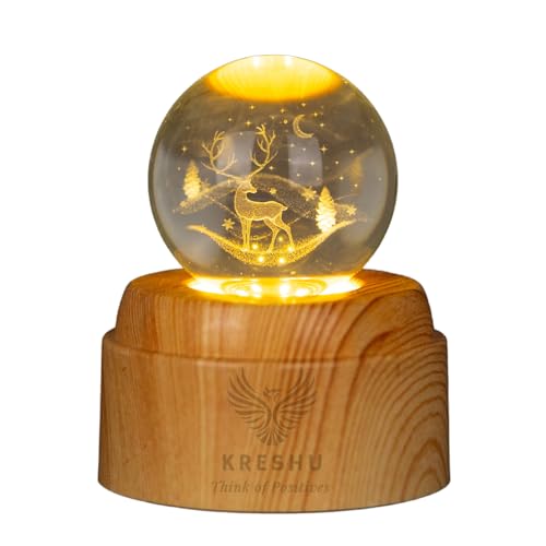 KRESHU Deer 3D Crystal Rotating Glass Ball Dimmable Warm LED Light Wooden Stand Luminous USB Cable Decoration Night Lights for Art Home Decoration Birthday Gift (Pack of 1) - Image 1