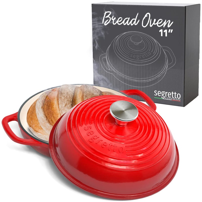 Enameled Cast Iron Bread Pan with Lid 11 Red Bread Oven Cast Iron Sourdough Baking Pan Dutch Oven for Bread No Seasoning Needed Segretto Cookware