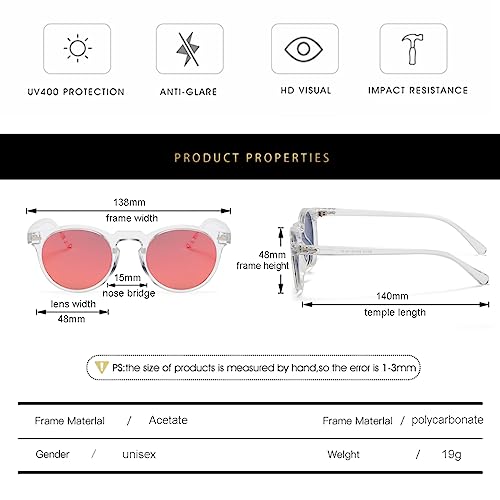 Gleyemor Vintage Polarized Sunglasses for Men UV400 Protection Retro Round Sunglasses Hand-crafted Acetate Frame (Transparent/Red Mirror) - Image 5