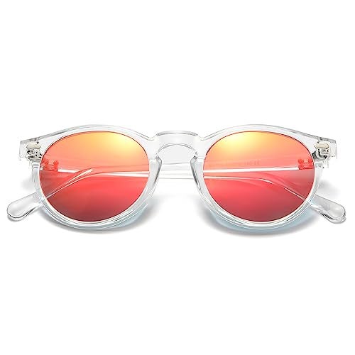 Gleyemor Vintage Polarized Sunglasses for Men UV400 Protection Retro Round Sunglasses Hand-crafted Acetate Frame (Transparent/Red Mirror) - Image 2
