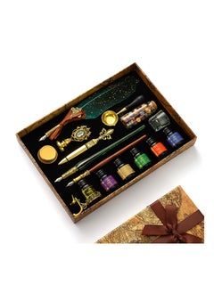 Y&D Feather Calligraphy Pen Ink Set, with Vintage Writing Quill Pen, Glass & Wooden Dip Nibs, Holder, Wax Beads, Seal Stamp, Candle, Melt Spoon and Gift Boxes (Dark Green)  - Image 1