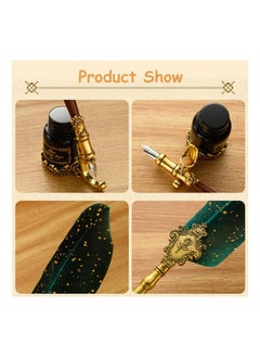Y&D Feather Calligraphy Pen Ink Set, with Vintage Writing Quill Pen, Glass & Wooden Dip Nibs, Holder, Wax Beads, Seal Stamp, Candle, Melt Spoon and Gift Boxes (Dark Green)  - Image 4