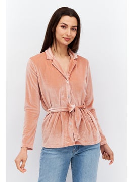 Women Notched Collar Long Sleeve Belted Plain Shirt, Pink - pzsku/Z99C14A8A0E9FE2FFAD85Z/45/_/1737642649/acf12b40-782d-4206-9bb9-dffd743533f8