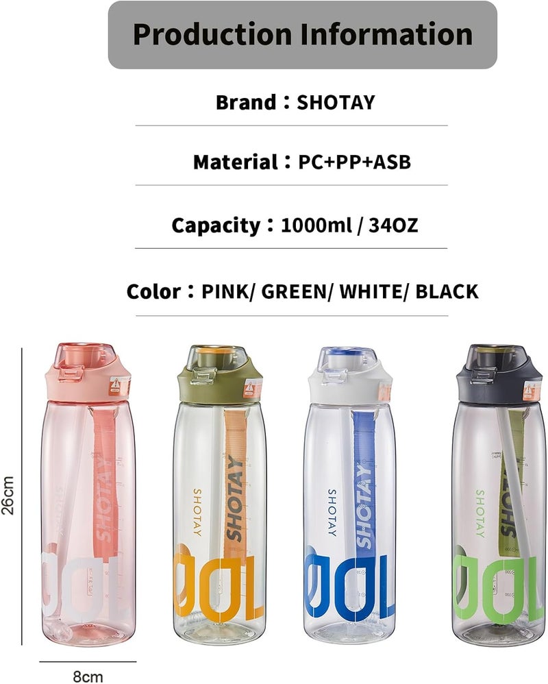 SHOTAY Sports Water Bottles 1 L/32 oz BPA Free And Leakproof, Fast Flow With Removable Straw, Gym Water Bottle For School, Fitness And Outdoor Sports Pink. - Image 2
