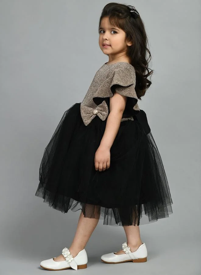 بيلا مودا Bella Moda Embellished Mesh Insert Ruffled Sleeve Knee-Length Dress