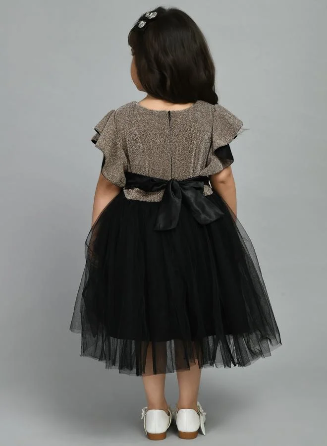 بيلا مودا Bella Moda Embellished Mesh Insert Ruffled Sleeve Knee-Length Dress