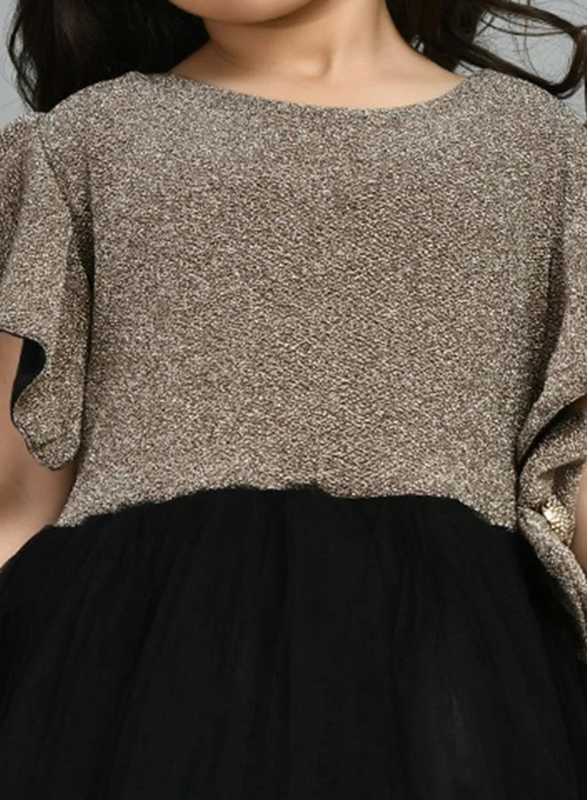 بيلا مودا Bella Moda Embellished Mesh Insert Ruffled Sleeve Knee-Length Dress