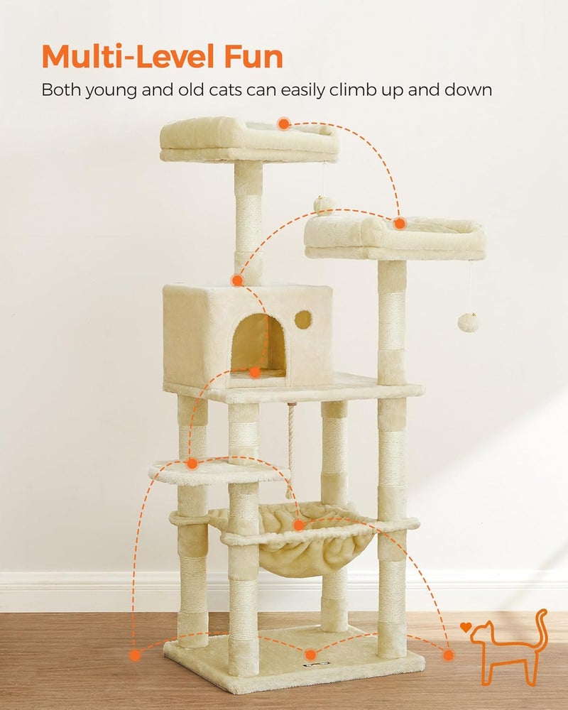 Cat Tree, 56.3-Inch Cat Tower for Indoor Cats, Multi-Level Cat Condo with 11 Scratching Posts, 2 Perches, Cave, Hammock, Beige UPCT15BE - Image 3