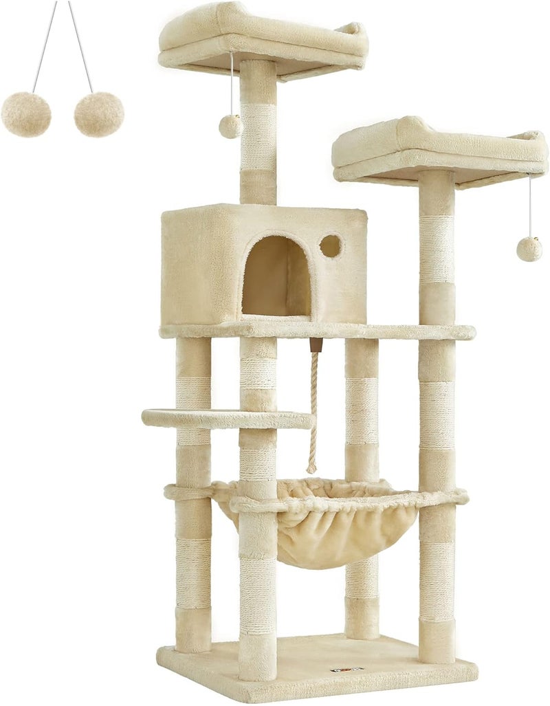 Cat Tree, 56.3-Inch Cat Tower for Indoor Cats, Multi-Level Cat Condo with 11 Scratching Posts, 2 Perches, Cave, Hammock, Beige UPCT15BE - Image 1