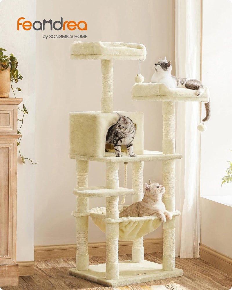 Cat Tree, 56.3-Inch Cat Tower for Indoor Cats, Multi-Level Cat Condo with 11 Scratching Posts, 2 Perches, Cave, Hammock, Beige UPCT15BE - Image 2