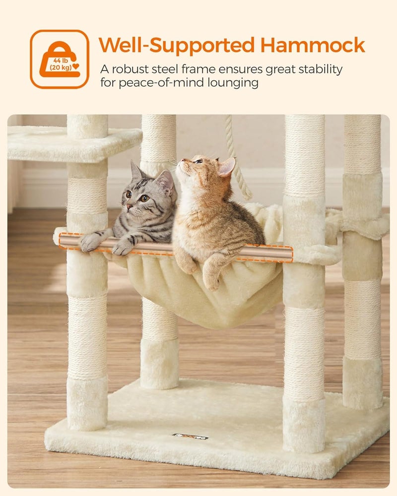 Cat Tree, 56.3-Inch Cat Tower for Indoor Cats, Multi-Level Cat Condo with 11 Scratching Posts, 2 Perches, Cave, Hammock, Beige UPCT15BE - Image 5