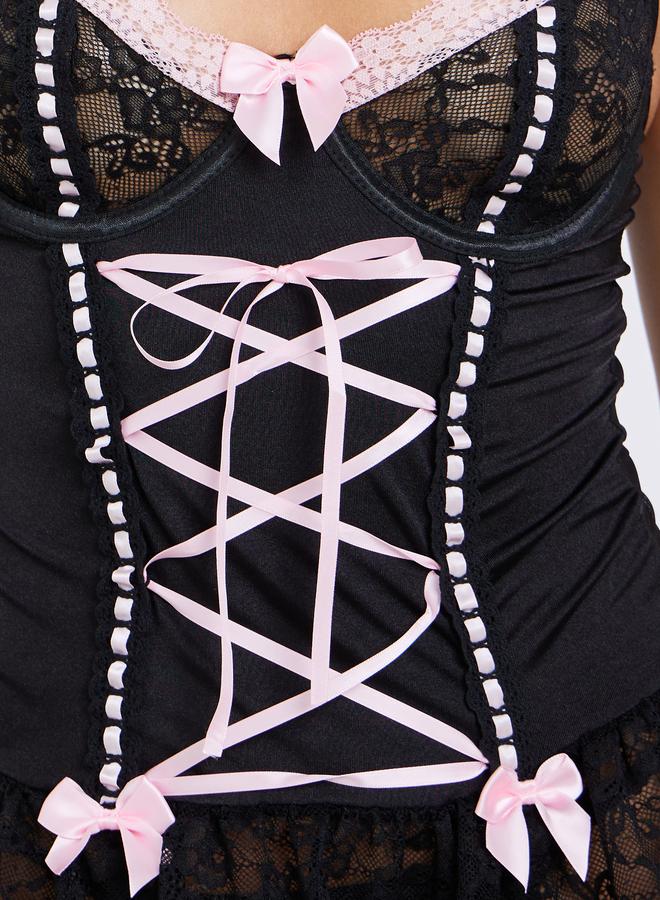 Styli Pack of 3 - Contrast Lace Tie Detail Babydoll Top, Brief And Garters - Image 3