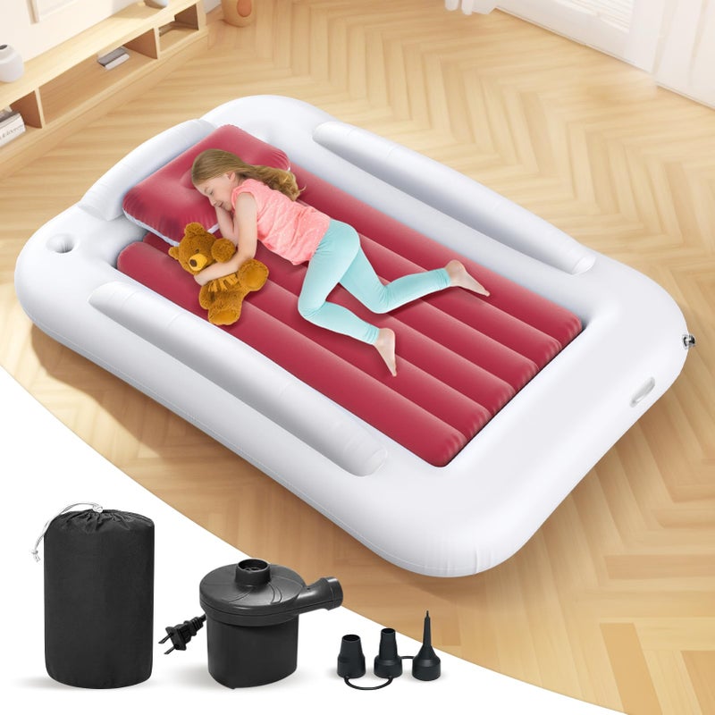 Deeteck Inflatable Toddler Travel Bed - 60 Inches Portable Toddler Bed for Travel with Safety Sides - Cozy Kids Air Mattress Set with High-Speed Pump & Carry Case - Lightweight & Easy to Inflate(Pink) - Image 1