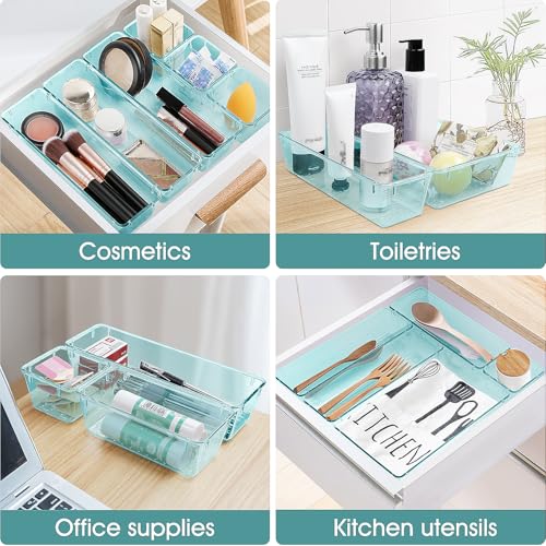 WOWBOX 25 PCS Plastic Drawer Organizer Set, 4 Sizes Desk Drawer Divider Organizers and Storage Bins for Makeup, Jewelry, Gadgets for Kitchen, Bedroom, Bathroom, Office, Sea Blue - Image 5