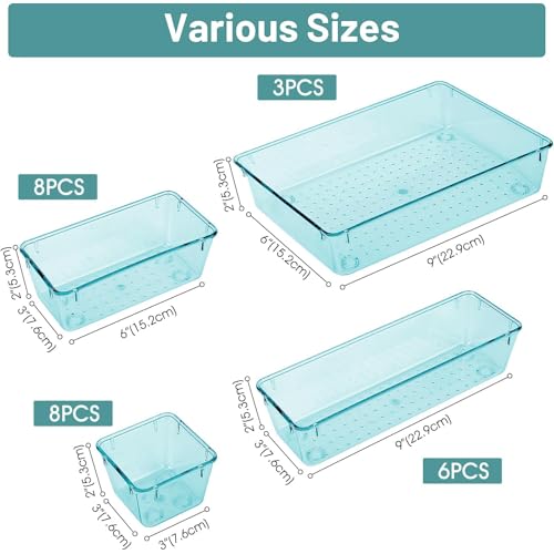 WOWBOX 25 PCS Plastic Drawer Organizer Set, 4 Sizes Desk Drawer Divider Organizers and Storage Bins for Makeup, Jewelry, Gadgets for Kitchen, Bedroom, Bathroom, Office, Sea Blue - Image 2