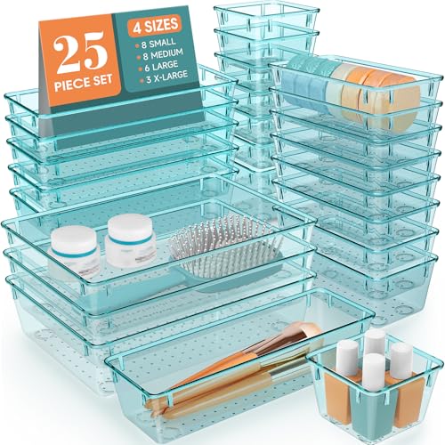 WOWBOX 25 PCS Plastic Drawer Organizer Set, 4 Sizes Desk Drawer Divider Organizers and Storage Bins for Makeup, Jewelry, Gadgets for Kitchen, Bedroom, Bathroom, Office, Sea Blue - Image 1