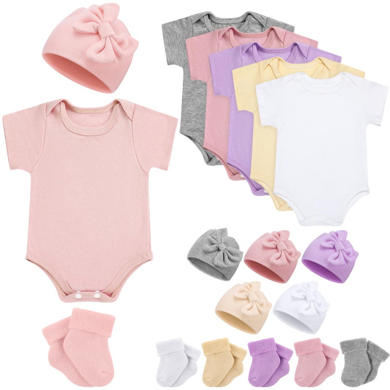 Glitopper 6 Pack Preemie Bodysuit Set Preemie Clothes Cotton Hat Socks Newborn Baby Layette Gift Set for Nicu Girls Boys(Bow Style) - Image 1