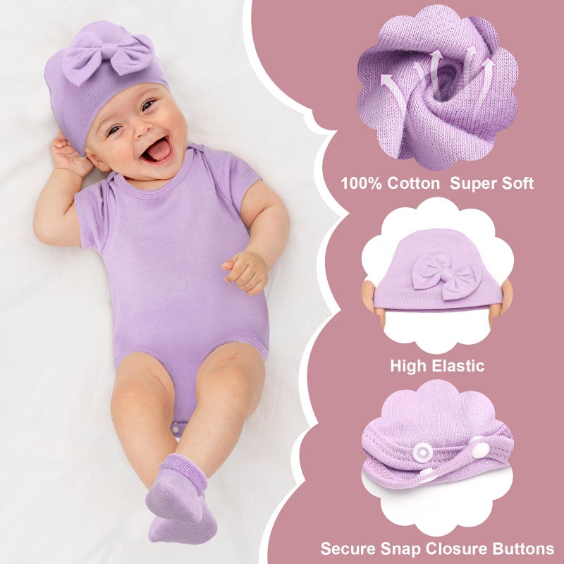 Glitopper 6 Pack Preemie Bodysuit Set Preemie Clothes Cotton Hat Socks Newborn Baby Layette Gift Set for Nicu Girls Boys(Bow Style) - Image 5