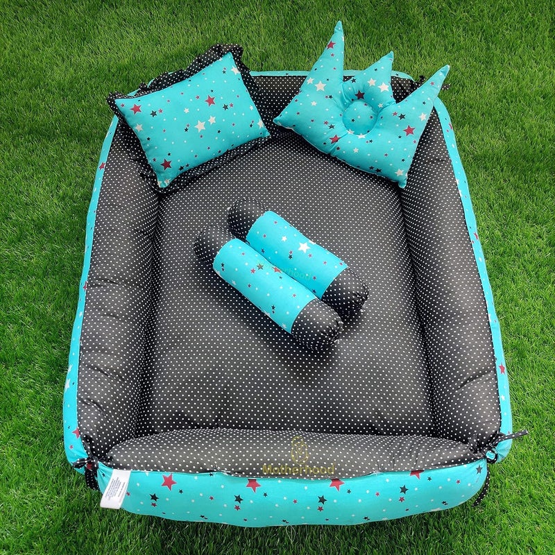 MOTHERHOOD MOTHERHOOD Box Baby Tub Bed and 4 pc Baby Pillow Luxury Baby Mattress Bed Sleeper Bedding Set coSleeper Safe Cotton Fabric with RFilled UltraSoft Comfortable for Newborn to Toddlers Z Sky D - Image 1