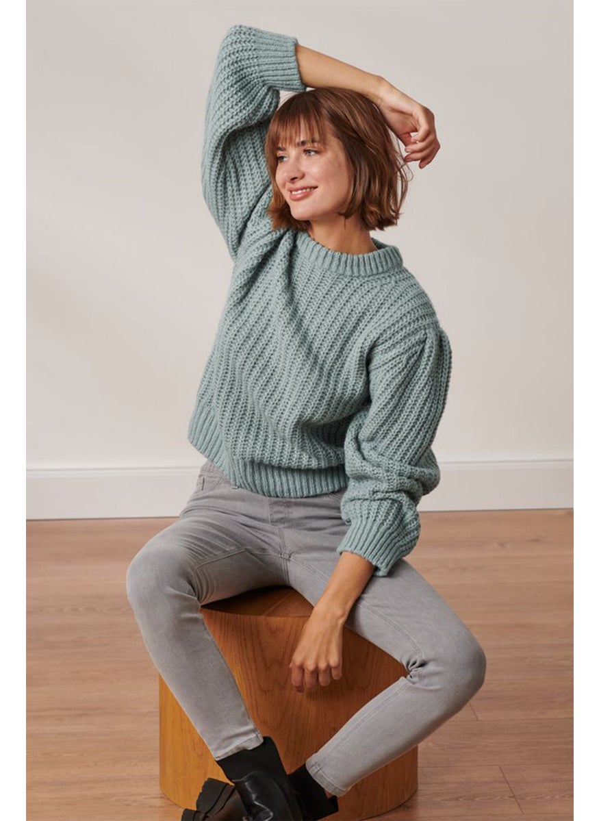 Tchibo Women Crew Neck Long Sleeves Textured Sweater, Blue  - Image 1