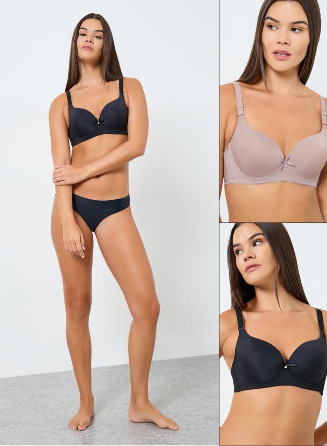 Styli Pack of 2 - Padded Wired Solid Balconette Bra with Metal Trim - Image 1