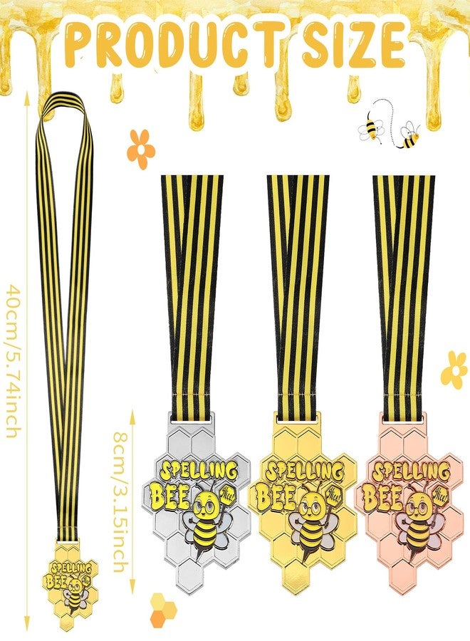 Remuuly 3 Pcs Spelling Bee Honeycomb Medals 1st 2nd 3rd Spelling Bee Trophy Award Medals with Neck Ribbon for Kids Adults Competitions Prizes Party Supplies Decorations, 3.2 x 2.8 Inches (Classic) - Image 2