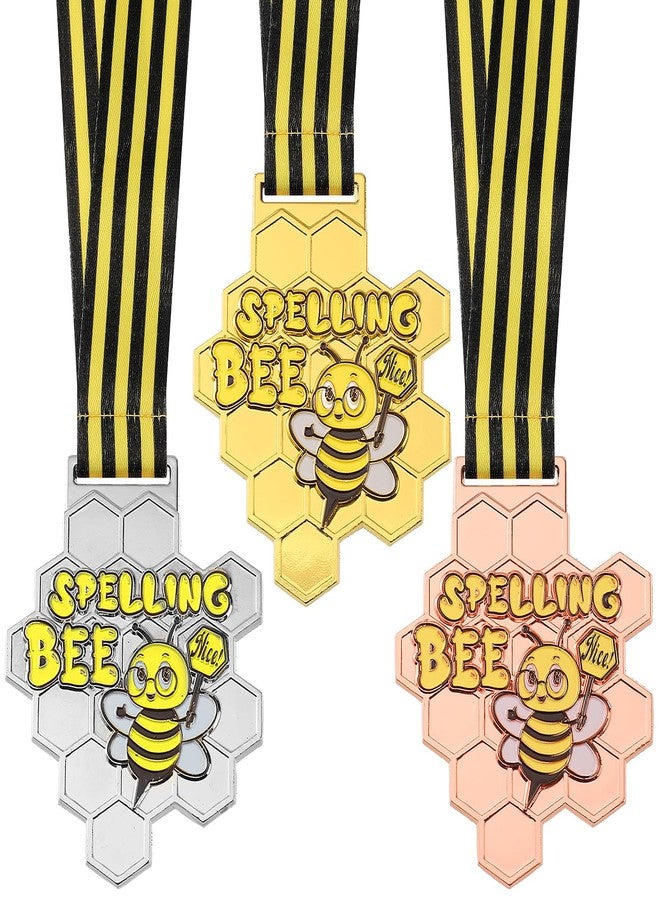Remuuly 3 Pcs Spelling Bee Honeycomb Medals 1st 2nd 3rd Spelling Bee Trophy Award Medals with Neck Ribbon for Kids Adults Competitions Prizes Party Supplies Decorations, 3.2 x 2.8 Inches (Classic) - Image 1