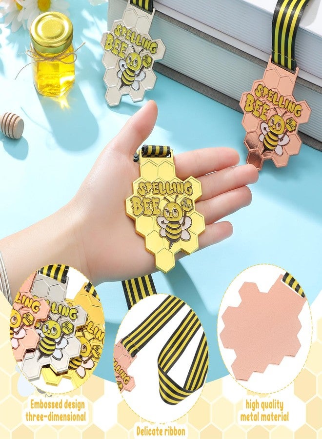 Remuuly 3 Pcs Spelling Bee Honeycomb Medals 1st 2nd 3rd Spelling Bee Trophy Award Medals with Neck Ribbon for Kids Adults Competitions Prizes Party Supplies Decorations, 3.2 x 2.8 Inches (Classic) - Image 3