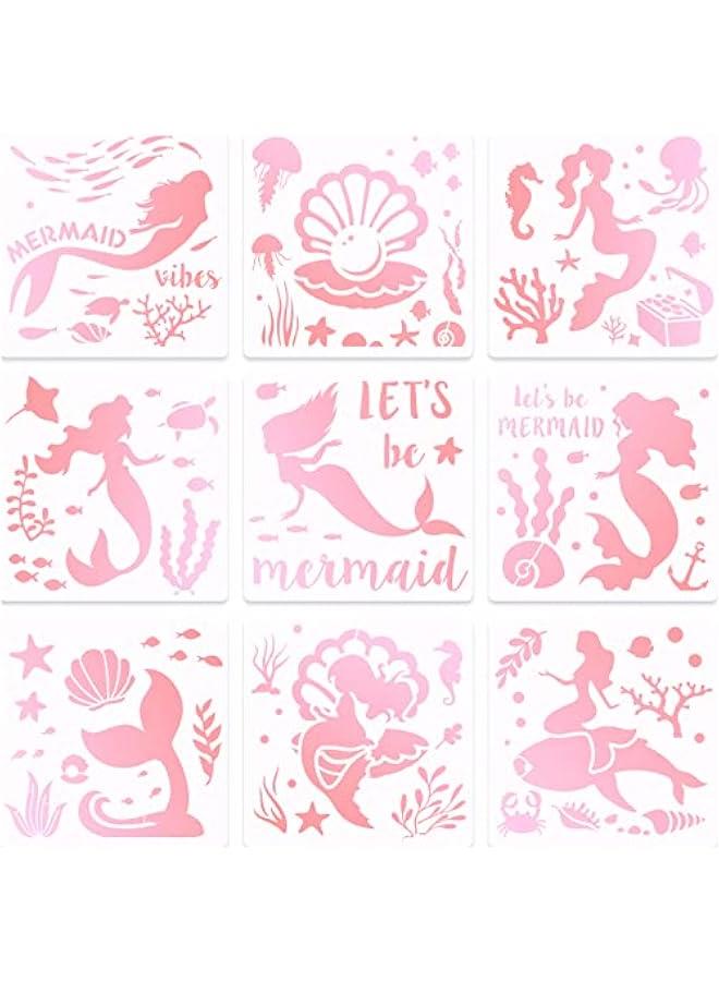 Arabest 9 Pieces Mermaid Stencils 8 Inches Pearl, Shell, Seahorse, Jellyfish, Mermaid Theme Painting Template for Art Card Making Log Scrapbook DIY Furniture Wall Floor Paintings on Wood Fabric  - Image 1
