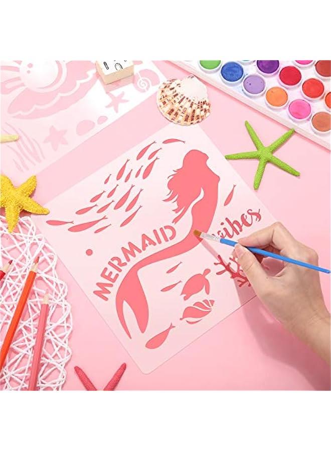 Arabest 9 Pieces Mermaid Stencils 8 Inches Pearl, Shell, Seahorse, Jellyfish, Mermaid Theme Painting Template for Art Card Making Log Scrapbook DIY Furniture Wall Floor Paintings on Wood Fabric  - Image 2