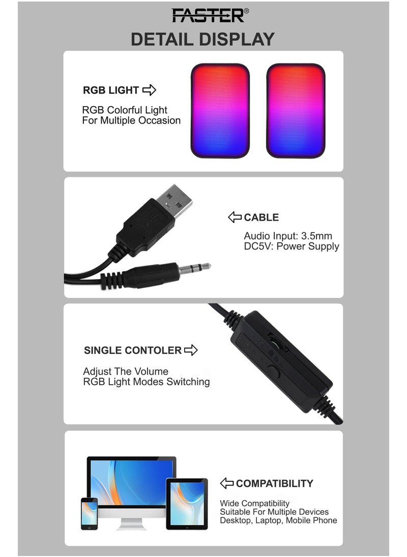 Faster - FS-71 USB Powered Computer Speakers with RGB LED Lights - 3.5mm AUX Input, Stereo Multimedia Sound for Gaming, PC, Desktop, Laptop, and Mobile Devices - Powerful Output, Deep and Rich Sound - Image 1