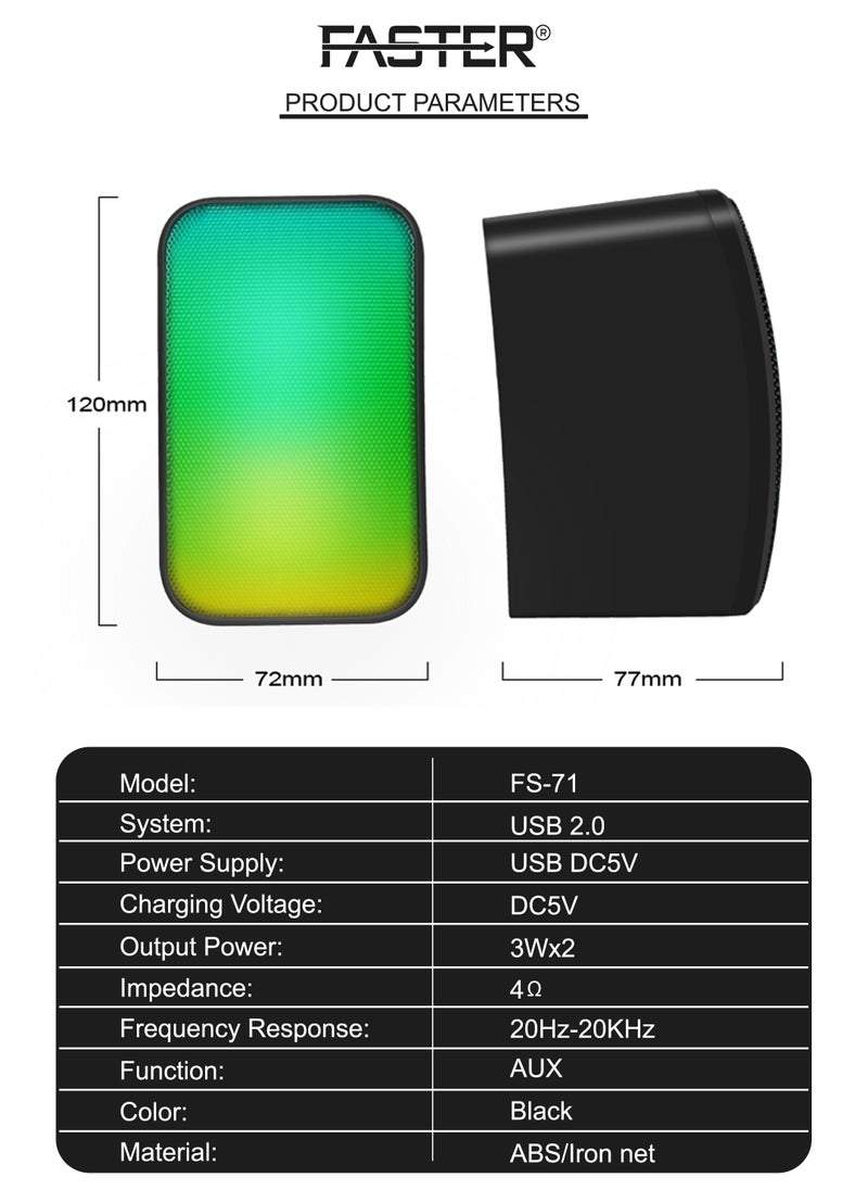 Faster - FS-71 USB Powered Computer Speakers with RGB LED Lights - 3.5mm AUX Input, Stereo Multimedia Sound for Gaming, PC, Desktop, Laptop, and Mobile Devices - Powerful Output, Deep and Rich Sound - Image 1