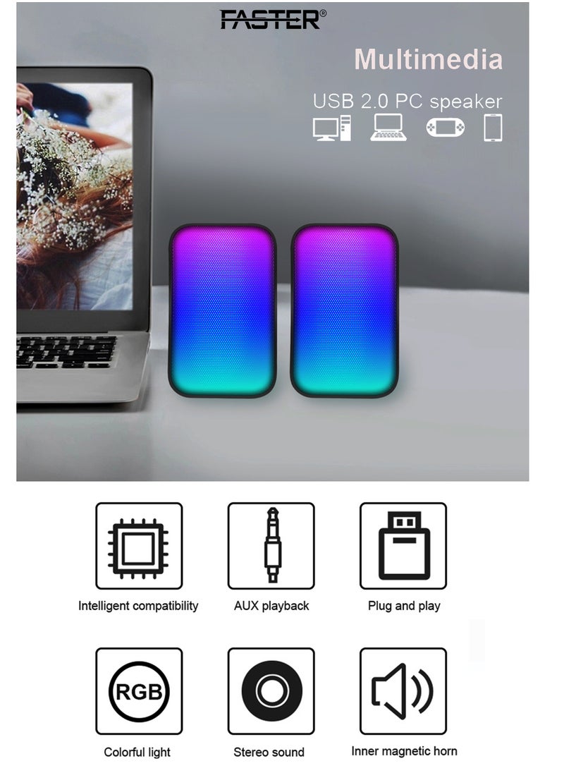 Faster - FS-71 USB Powered Computer Speakers with RGB LED Lights - 3.5mm AUX Input, Stereo Multimedia Sound for Gaming, PC, Desktop, Laptop, and Mobile Devices - Powerful Output, Deep and Rich Sound - Image 1