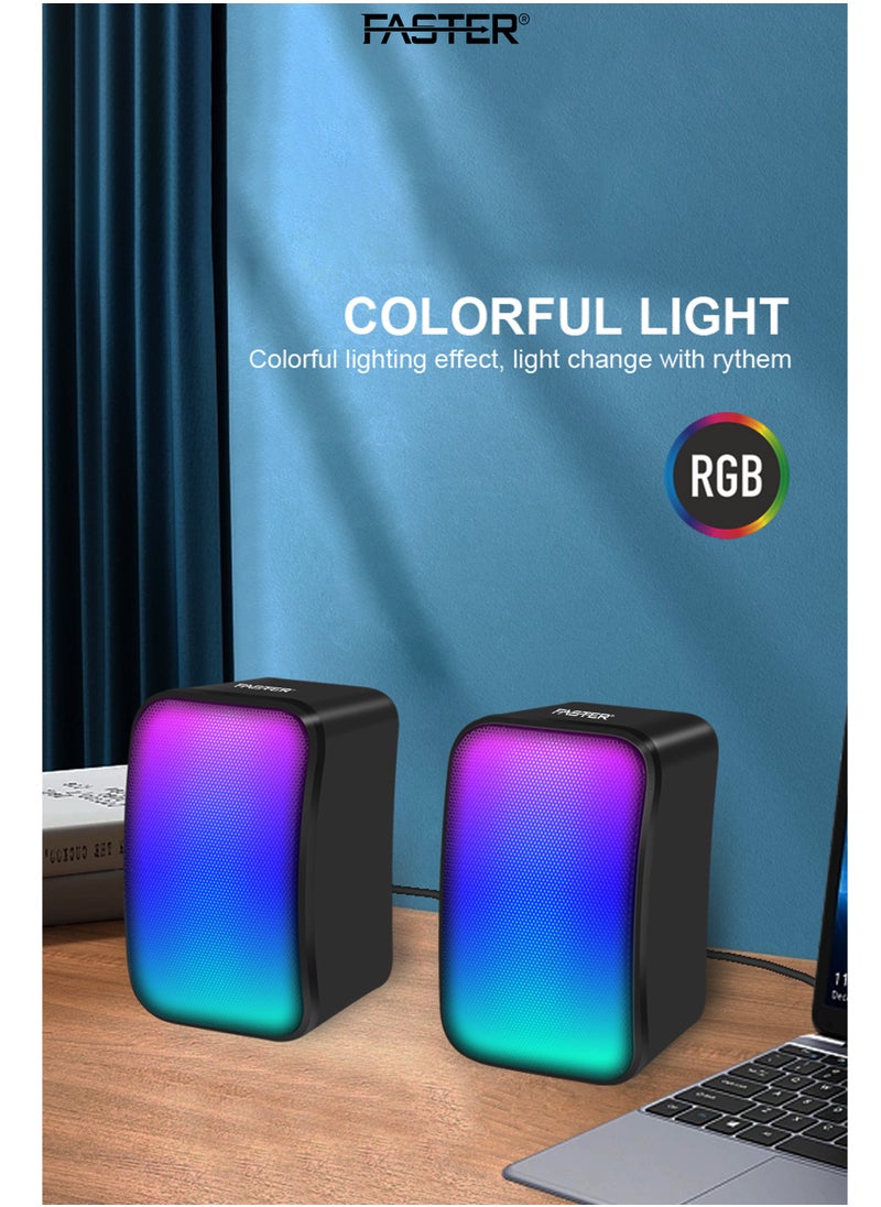 Faster - FS-71 USB Powered Computer Speakers with RGB LED Lights - 3.5mm AUX Input, Stereo Multimedia Sound for Gaming, PC, Desktop, Laptop, and Mobile Devices - Powerful Output, Deep and Rich Sound - Image 1