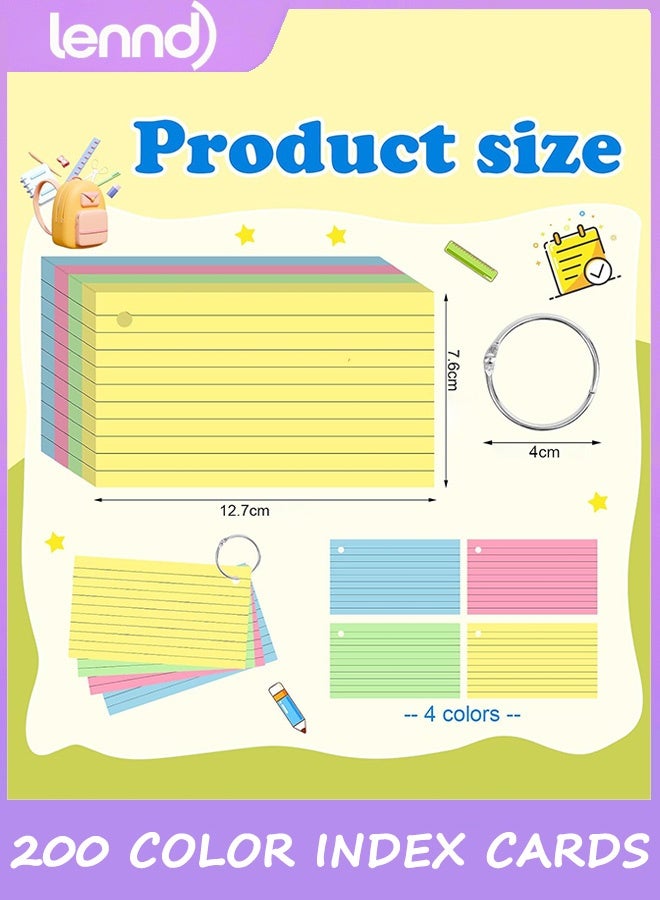 LENND 200 PCS Colored Index Cards 7.6cm×12.7cm Colored Flash Cards with Ring, Punched Lined Flashcards Ruled Index Cards Notecards Study Cards Heavy Note Cards for Studying, Learning, School, College, Memory  - Image 2
