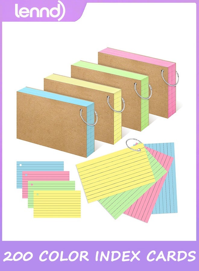 LENND 200 PCS Colored Index Cards 7.6cm×12.7cm Colored Flash Cards with Ring, Punched Lined Flashcards Ruled Index Cards Notecards Study Cards Heavy Note Cards for Studying, Learning, School, College, Memory  - Image 1