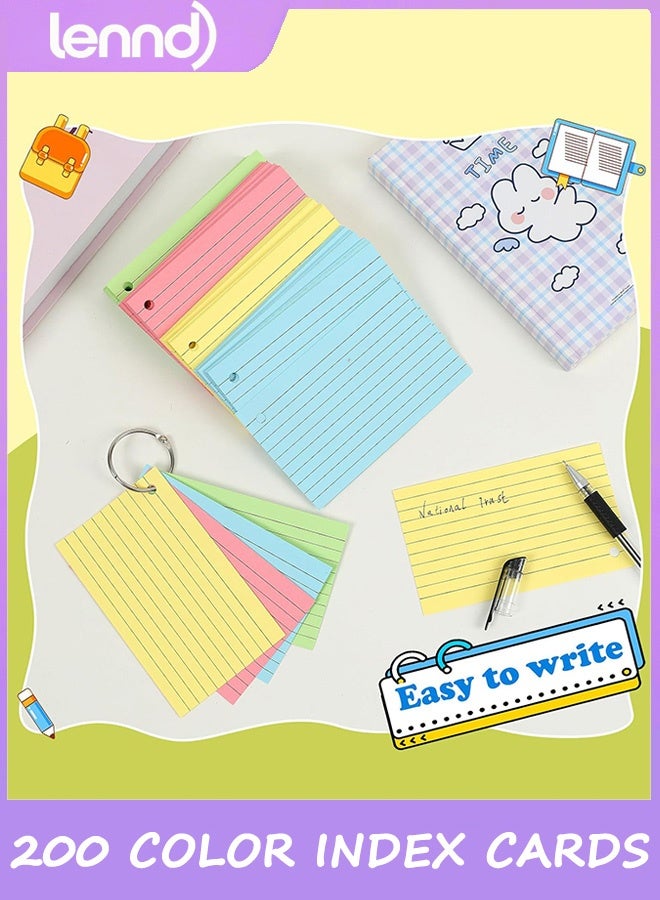 LENND 200 PCS Colored Index Cards 7.6cm×12.7cm Colored Flash Cards with Ring, Punched Lined Flashcards Ruled Index Cards Notecards Study Cards Heavy Note Cards for Studying, Learning, School, College, Memory  - Image 3
