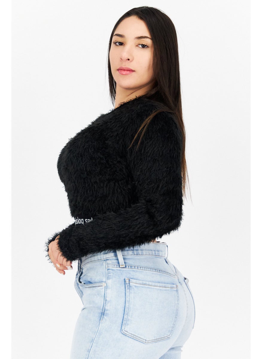 Les Girls Les Boys Women Round Neck Long Sleeve Brand Logo Crop Top, Black  - Image 2