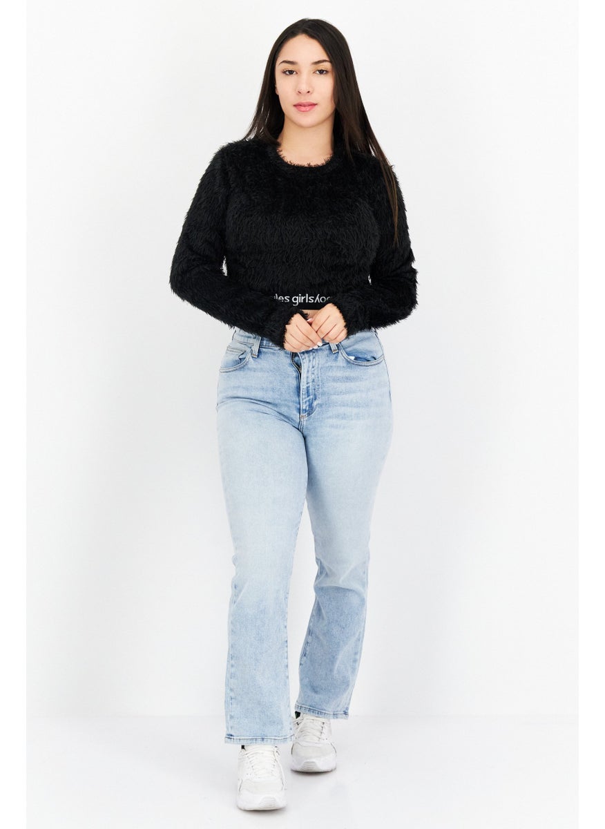 Les Girls Les Boys Women Round Neck Long Sleeve Brand Logo Crop Top, Black  - Image 4