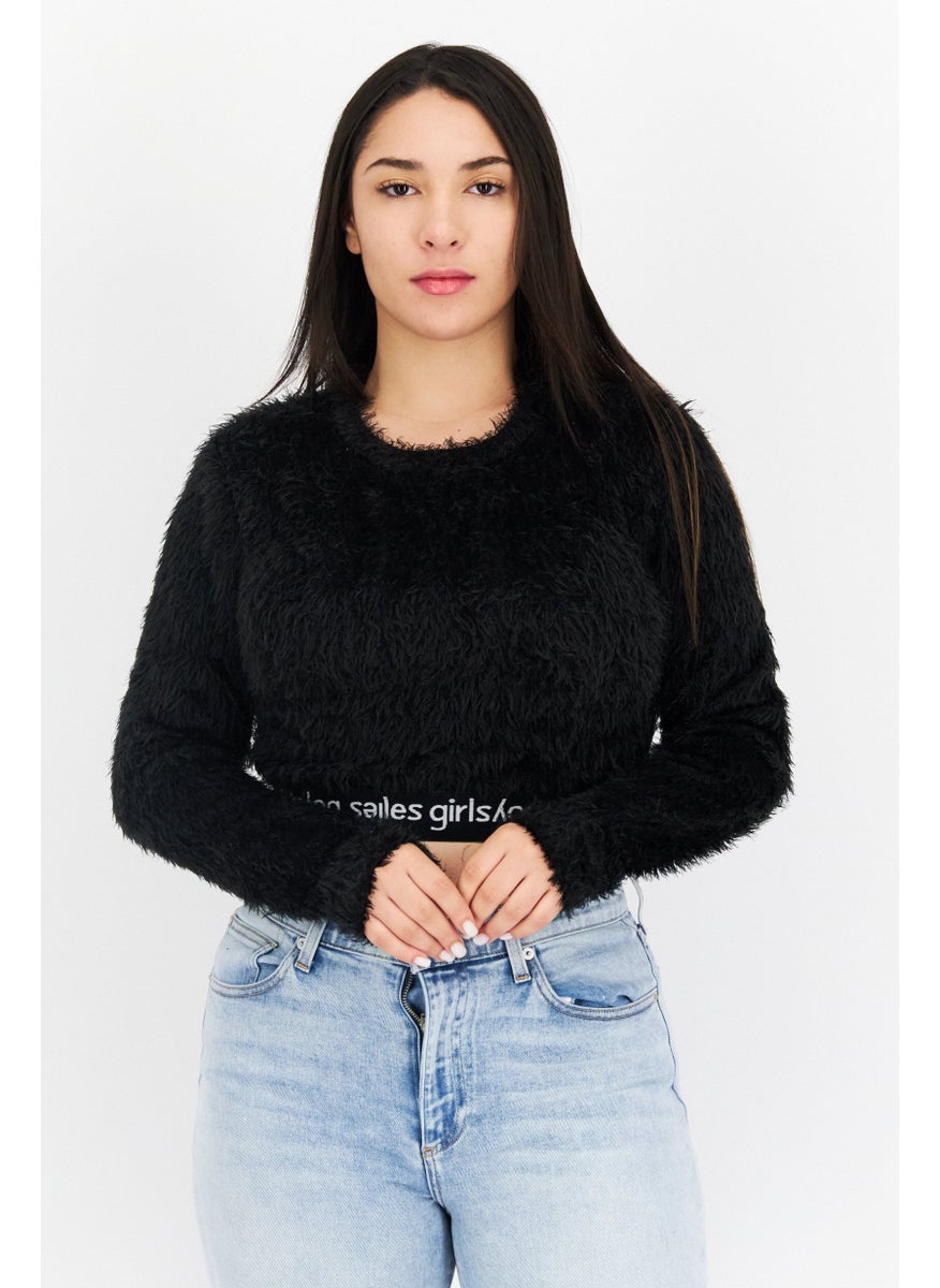 Les Girls Les Boys Women Round Neck Long Sleeve Brand Logo Crop Top, Black  - Image 1